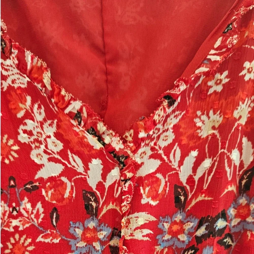 LOFT Red Floral Clip‎ Dot Tiered Midi Dress Long Sleeve Ruffle V-Neck Size M